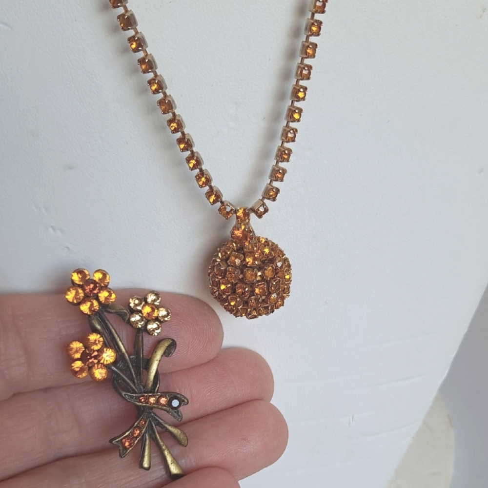 Vintage Amber Rhinestone Necklace and Brooch Set
